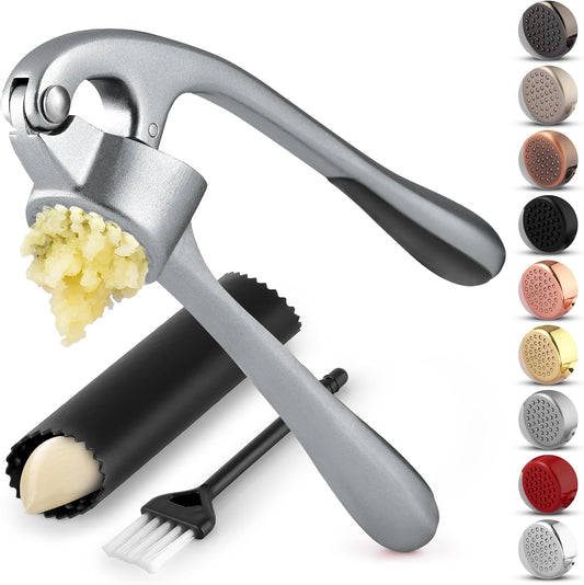 Zulay Kitchen Premium Garlic Press Set - Rust Proof & Dishwasher Safe Professional Garlic Mincer Tool - Easy-Squeeze, Easy-Clean with Soft, Ergonomic Handle - Silicone Garlic Peeler & Brush (Slate)