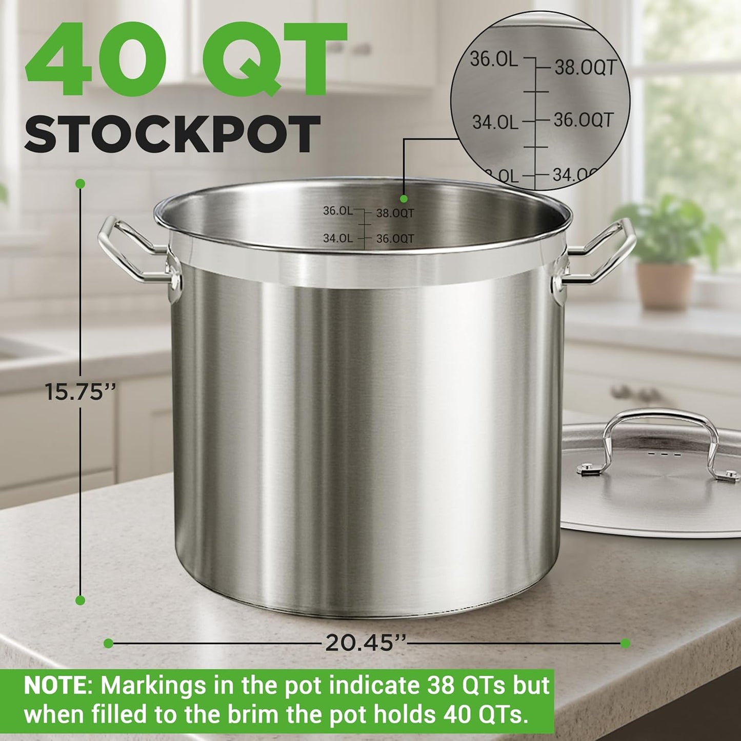 Nutrichef Stainless Steel Cookware Stockpot, 40 Quart Heavy Duty Induction Soup Pot With Stainless Steel Lid And Strong Riveted Handles, Even Heat Distribution, Compatible With Most Cooktops