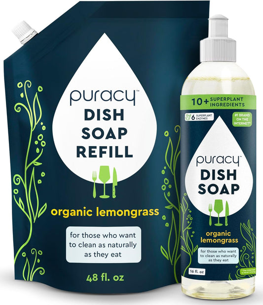 Puracy Natural Dish Soap Refill Bundle- Enzyme-Powered Dishwashing Soap, Organic Dishsoap Liquid Clean Non-Toxic (Organic Lemongrass, 16oz and 48oz Refill)