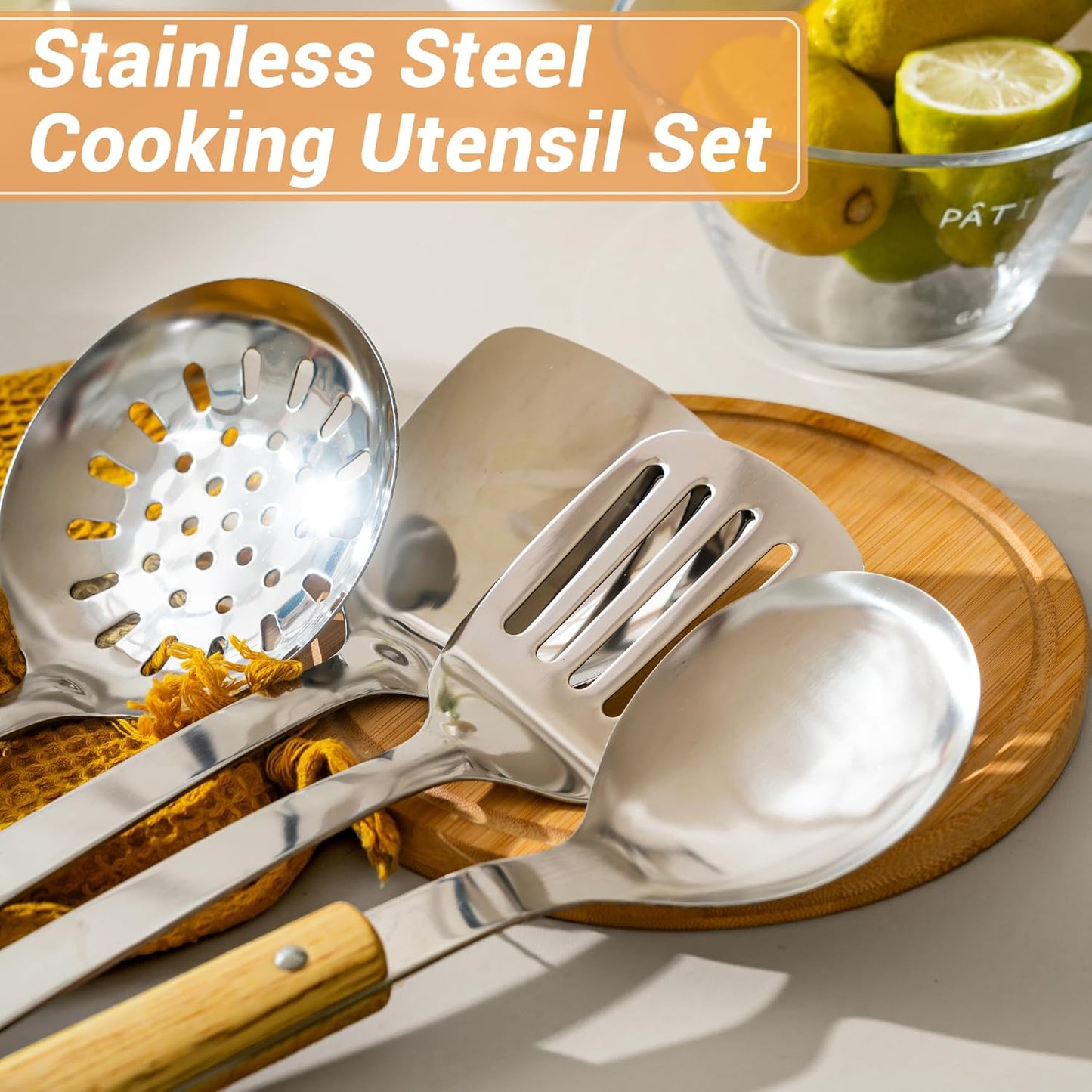 FJNATINH Cooking Utensils - Spatula and ladle Set with Wood Handle, 6 Pieces Wok Utensils Tools - Wok Accessories Cookware Set