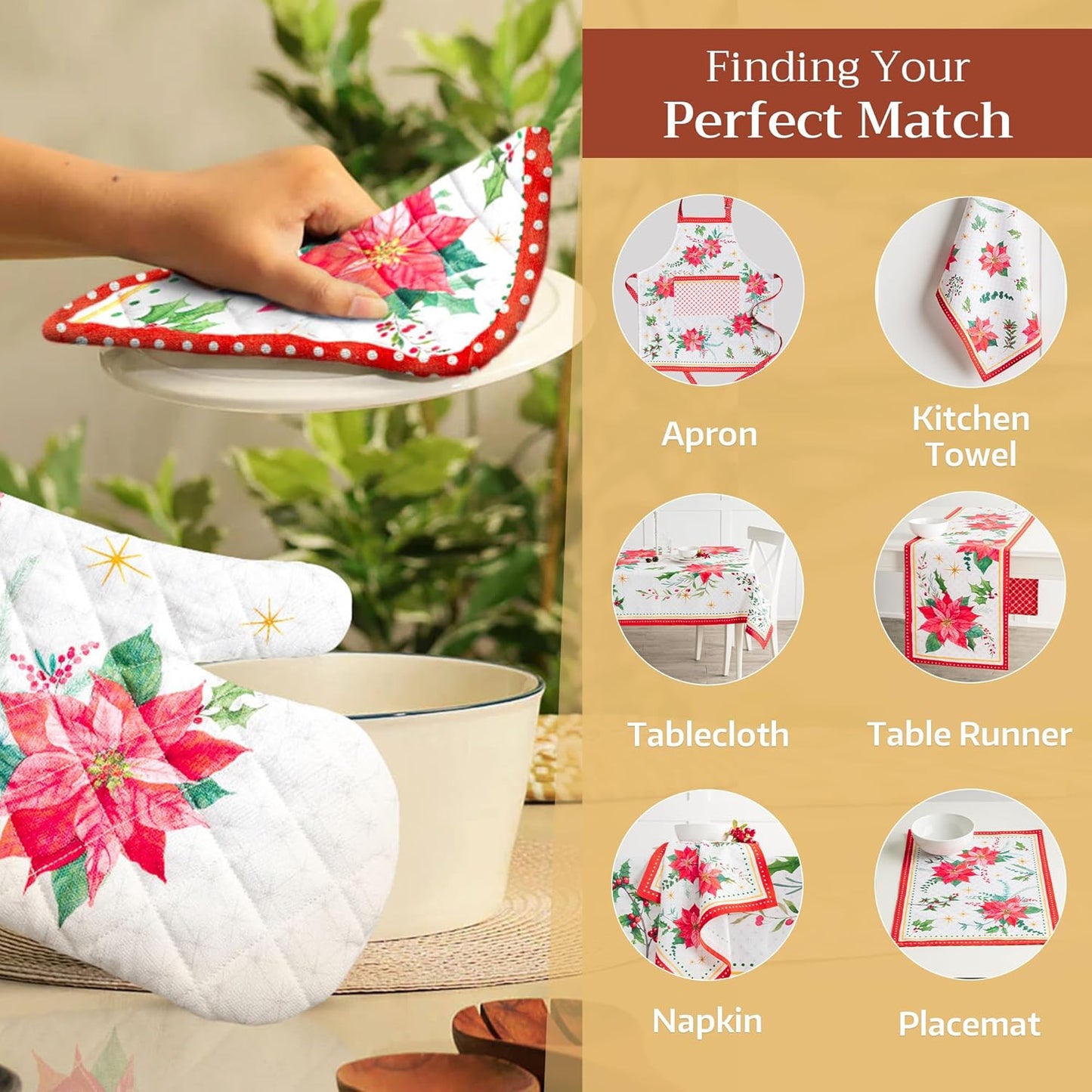 Maison d' Hermine Pot Holders Set 100% Cotton Heat Resistant Potholders 8" x 8" Hot Pads with Loop BBQ, Cooking, Baking, Grilling, Kitchen, Handling Hot Pans (Pack of 2, Poinsettia Christmas)