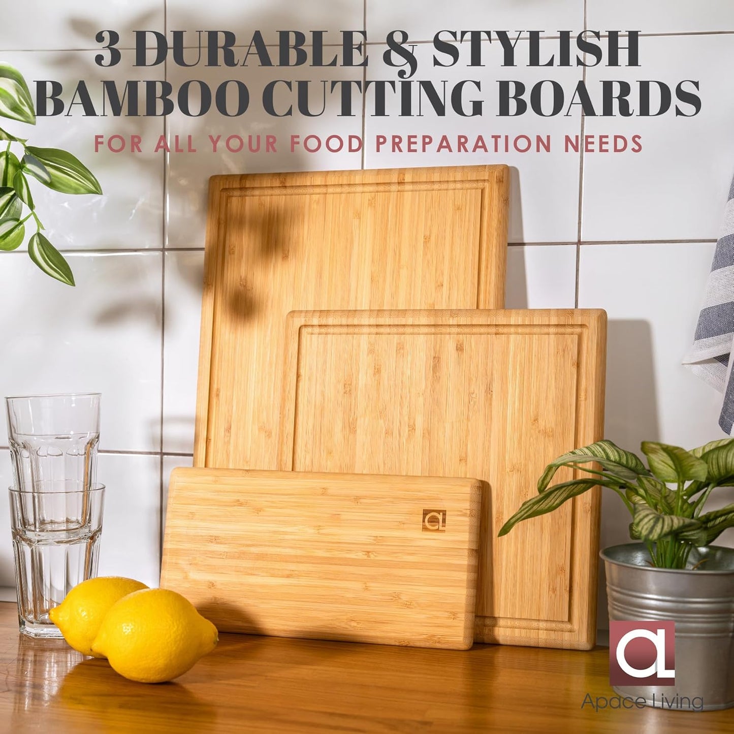 Chorus Bamboo Cutting Board Set with Juice Groove (Set of 3) - Luxury Organic Wood Chopping Board for Kitchen, Wooden Cutting Board for Meat (Butcher Block), Vegetables, Cheese