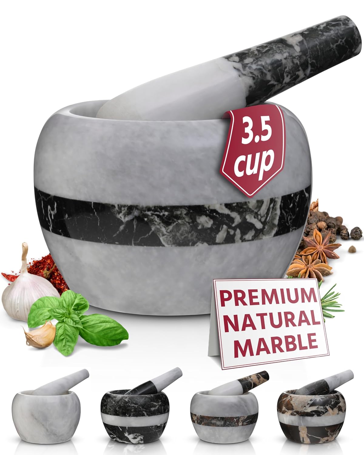 Gusto Nostro Natural Marble Mortar and Pestle Set | 6 Inch - 3.5 Cup Extra Large Mortar Pestle Set for Grinding Herbs, Nuts, Grains | Pesto Grinding and Guacamole Stone Bowl | Marble Spice Crusher