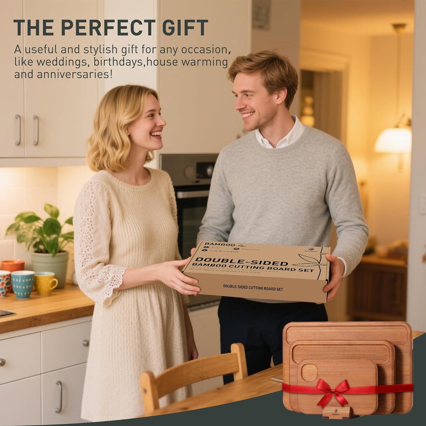 3 Packs Bamboo Cutting Board Set with Holder Nice Solid Thick Wood Deep Juice Groove & Built-in Handles Chopping Board Large Big Small Best Hardwood Kitchen Counter Organic Vegetable Meat BBQ Kit