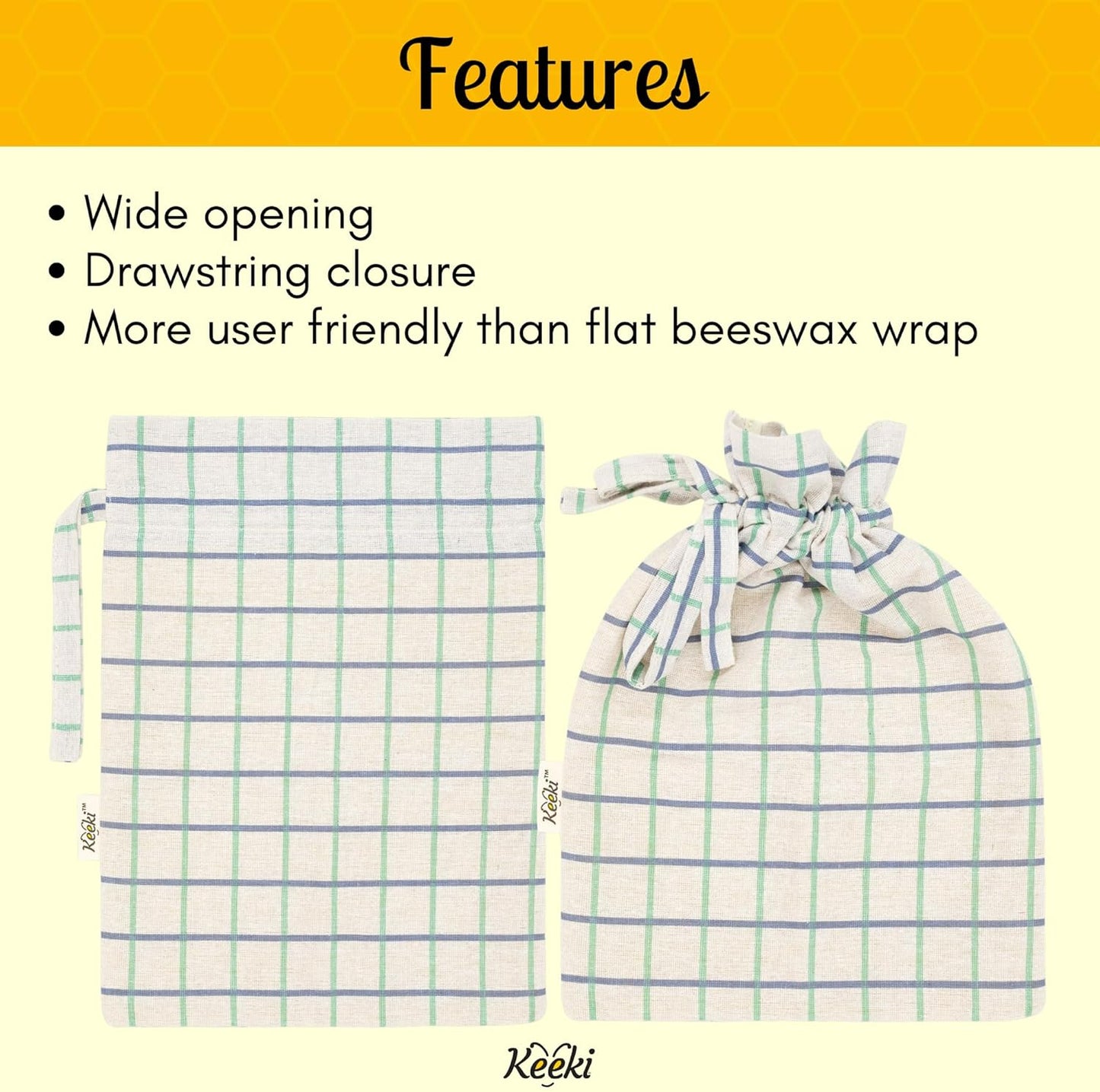 Keeki Bag - The Original Beeswax Lined Bread Bag for Homemade & Sourdough | Reusable Linen Bread Storage | Beeswax Wrap Alternative | Plastic-Free Storage w/Wide Opening & Drawstring Closure - Yellow