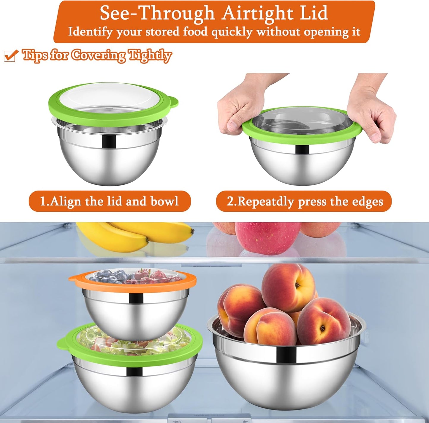 LIANYU Mixing Bowls with Lid Sets of 3, Large & Small Stainless Steel Metal Salad Mixing Bowls, 1.5 & 3 & 4.6QT Sizes For Kitchen Cooking, Baking, Storage, Food Prepping, Serving, Three-Color