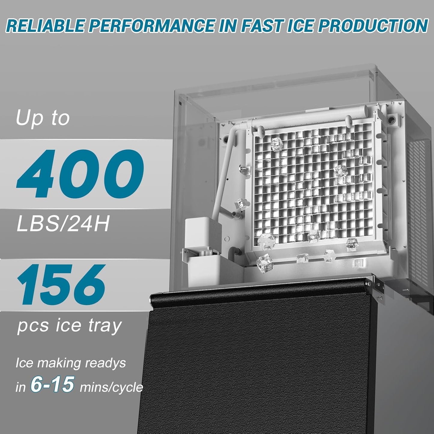 High-Performance Commercial Ice Maker Machine: 500lbs/24H Production, 350lbs Storage, 156 Ice Cubes in 6-15 Mins - Stainless Steel Industrial Ice Maker for Restaurant, Bar, Cafe, Commercial Use