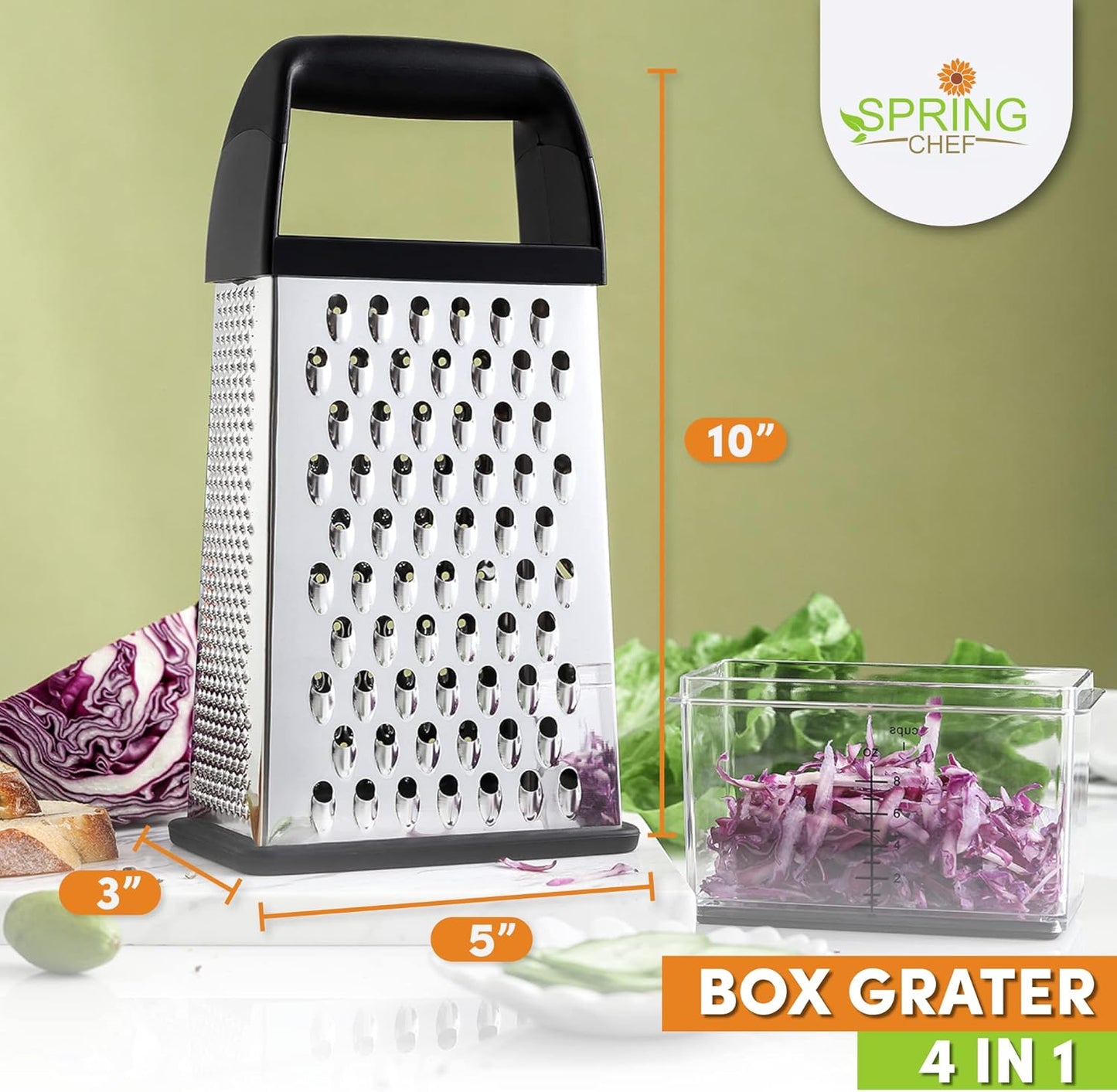 Spring Chef Professional 10" Parmesan Cheese Grater With Container, Stainless Steel & Soft Grip Handle, 4 Sided Kitchen Cheese Shredder, Handheld Box Grater for Vegetables, Potato, Carrot - Black
