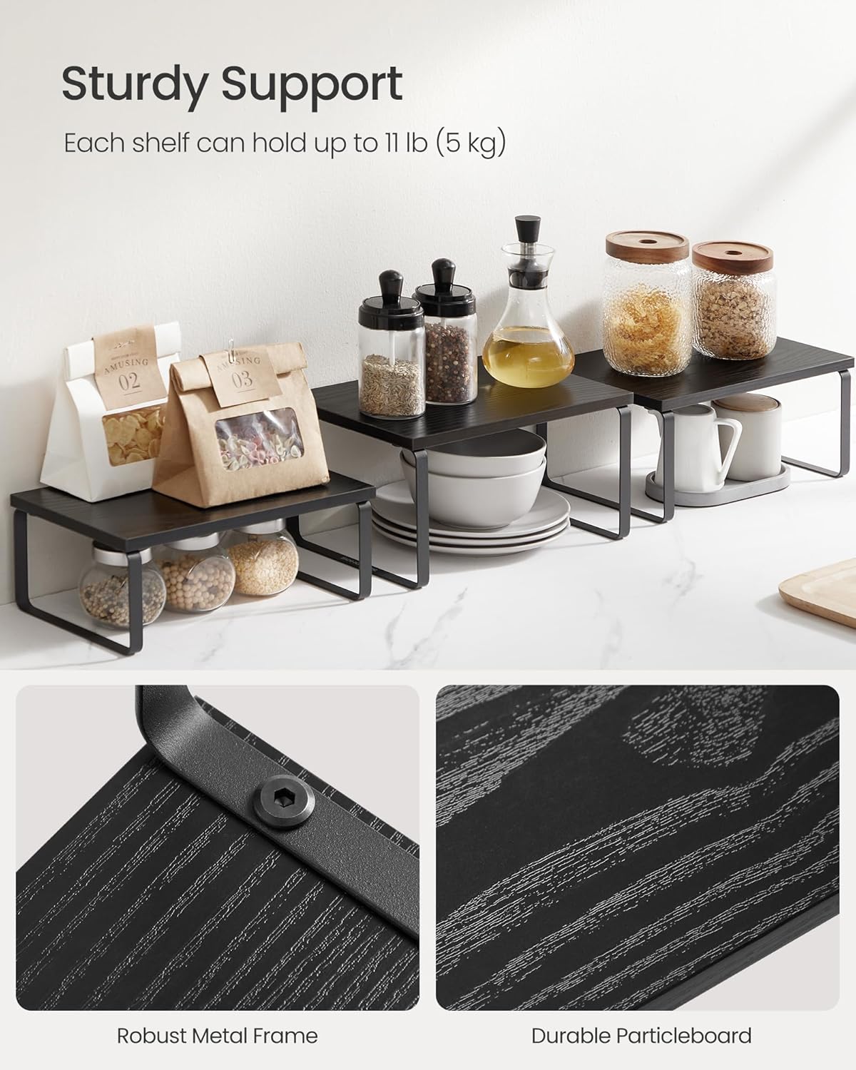 SONGMICS Cabinet Organizer Shelf, Set of 3 Kitchen Counter Shelves, Kitchen Storage, Spice Rack, Stackable, Expandable, Anthracite Gray and Matte Black UKCS220B01