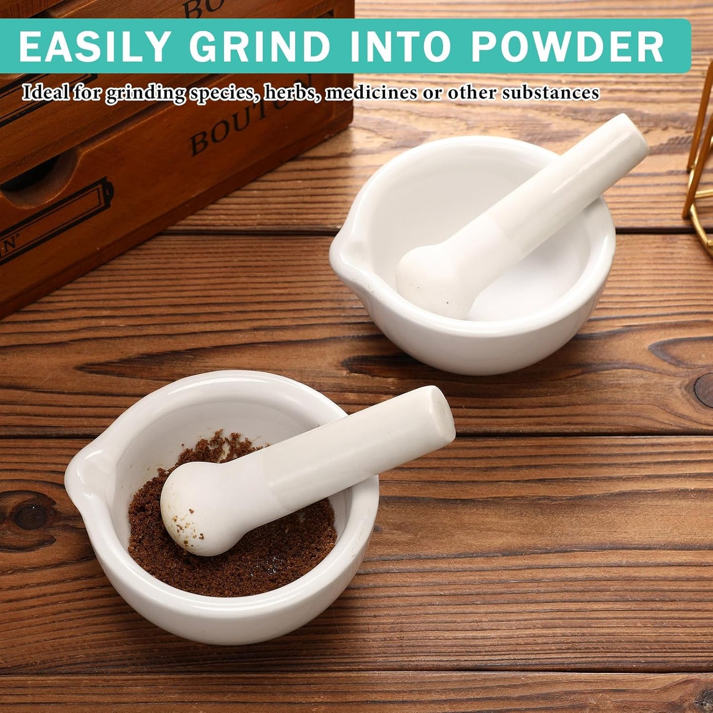 2 Sets Mini Porcelain Mortar and Pestle Set Porcelain Herb Grinder Crusher Grinding Bowl Kitchen Mixing Grinding Bowl with 2 Pieces Brushes for Seasonings, Sesame, Herbs, Medicine (80 mm)