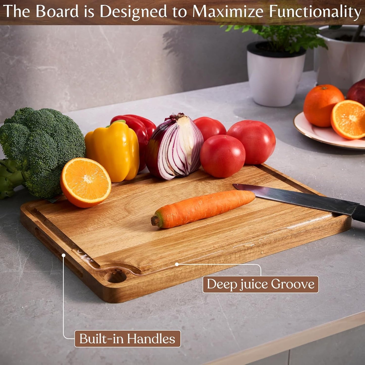 Acacia Wood Cutting Board (12x8x0.8 In.) - Small Wooden Boards with Handle and Juice Groove for Kitchen, Solid Mini Real Hardwood Hanging Chopping Boardsmith Butcher Block for BBQ