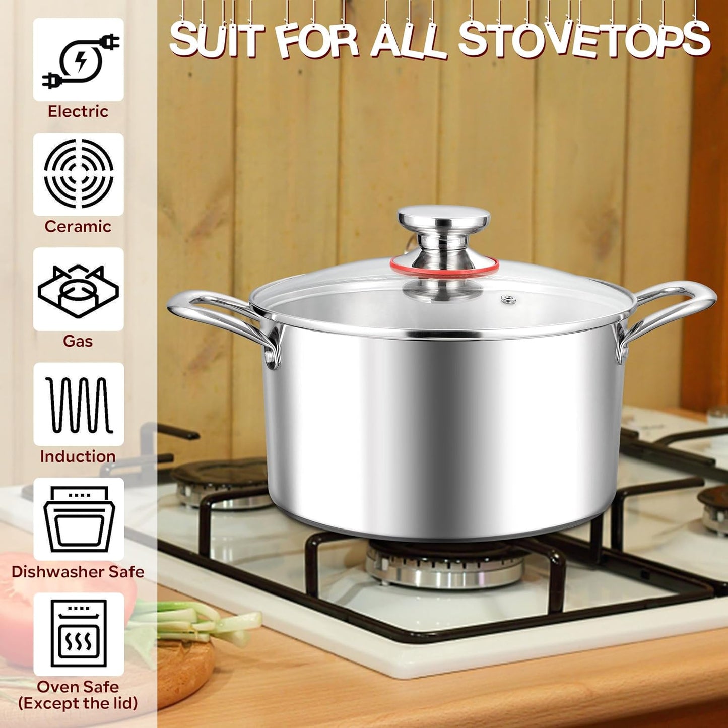 E-far 5 Quart Stock Pot with Lid, 18/10 Tri-ply Stainless Steel Stockpot for Induction Ceramic Gas Stoves, Heavy Duty Cooking Pot for Pasta Soup Stewing Simmering, Oven and Dishwasher Safe