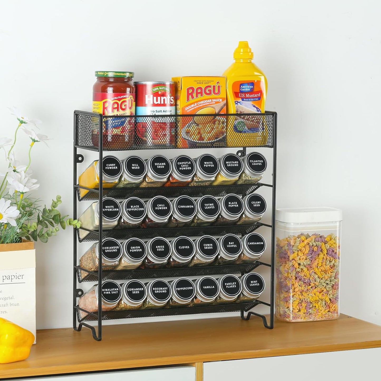 Spice Rack Organizer with 28 Empty Spice Jars,Spice Labels,Chalk pen and Funnel Complete Set,Space-Saving for Countertop, Cabinet or Wall Mount