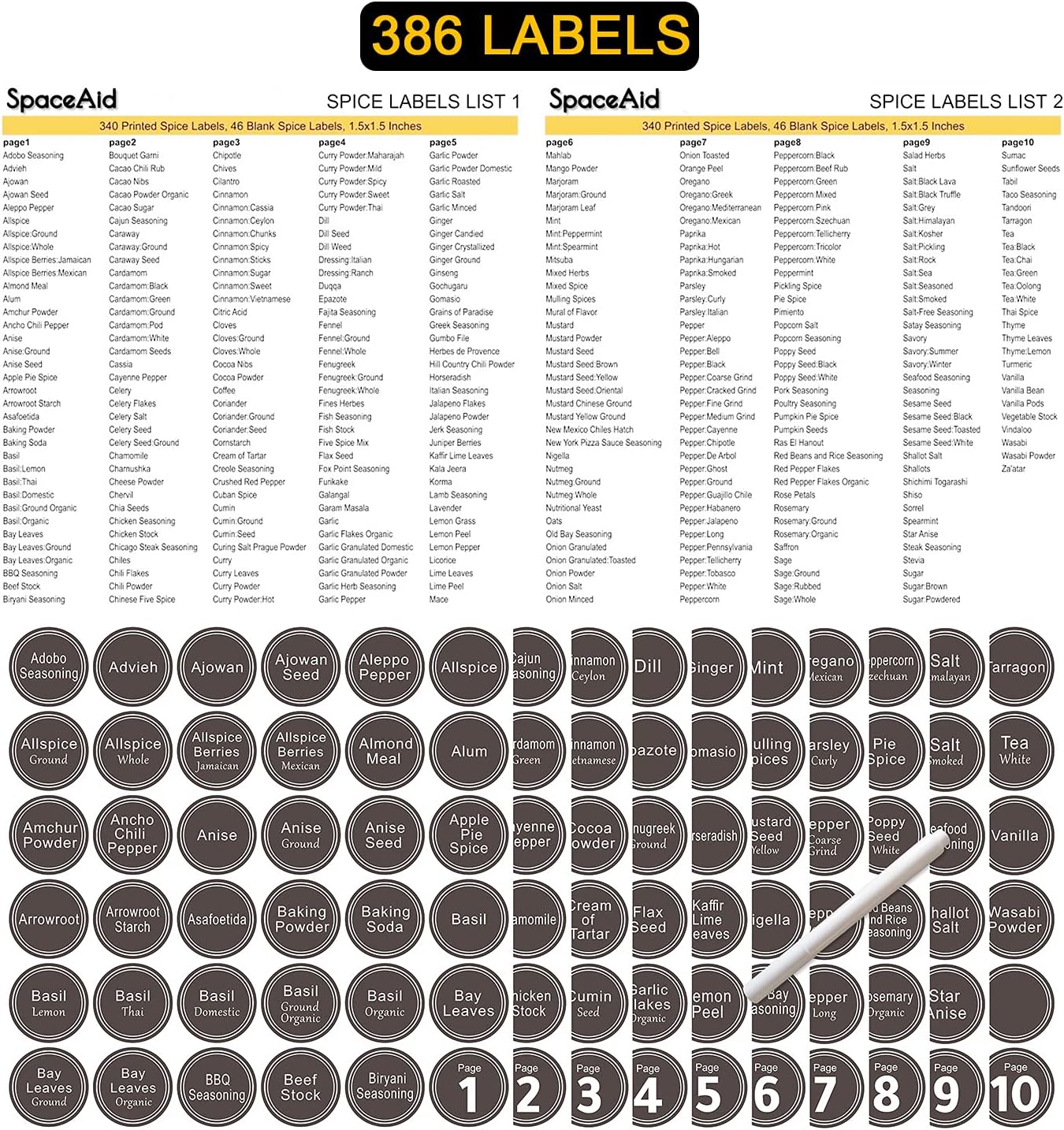 SpaceAid Spice Rack Organizer with 20 Spice Jars, 386 Spice Labels, Chalk Marker and Funnel Set for Cabinet, Countertop, Pantry, Cupboard or Door & Wall Mount - 20 Jars, 9.8" W × 10.8“H, Black