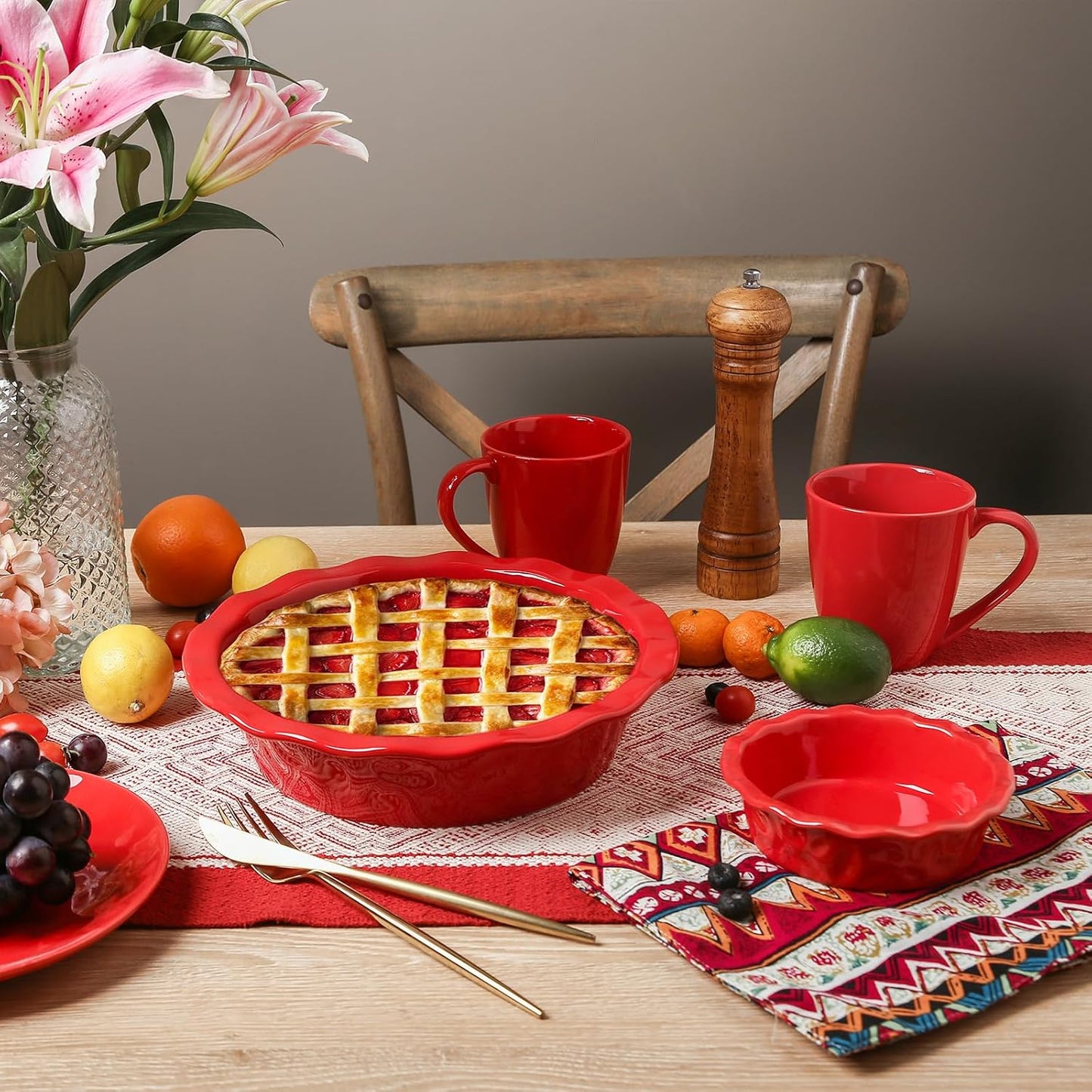 vicrays Ceramic Pie Pan for Baking - 9 inch Pie Plate, Round, Fluted and Deep Pie Dish for Tart, Pizza, Apple Pie, Quiche, Pot Pies, Cake - Reactive Glaze (Red)