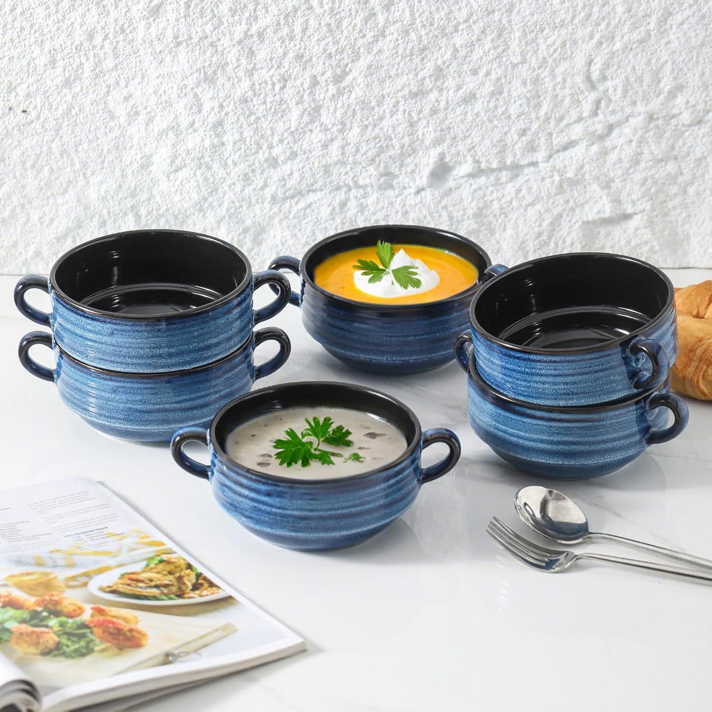 Hasense Soup Bowls, 20 oz French Onion Soup Bowls with Handle Set of 6, Serving Soup Crock for Stew, Pasta, Chili, Stackable Oven Safe Bowls, Microwave Dishwasher Safe, Blue