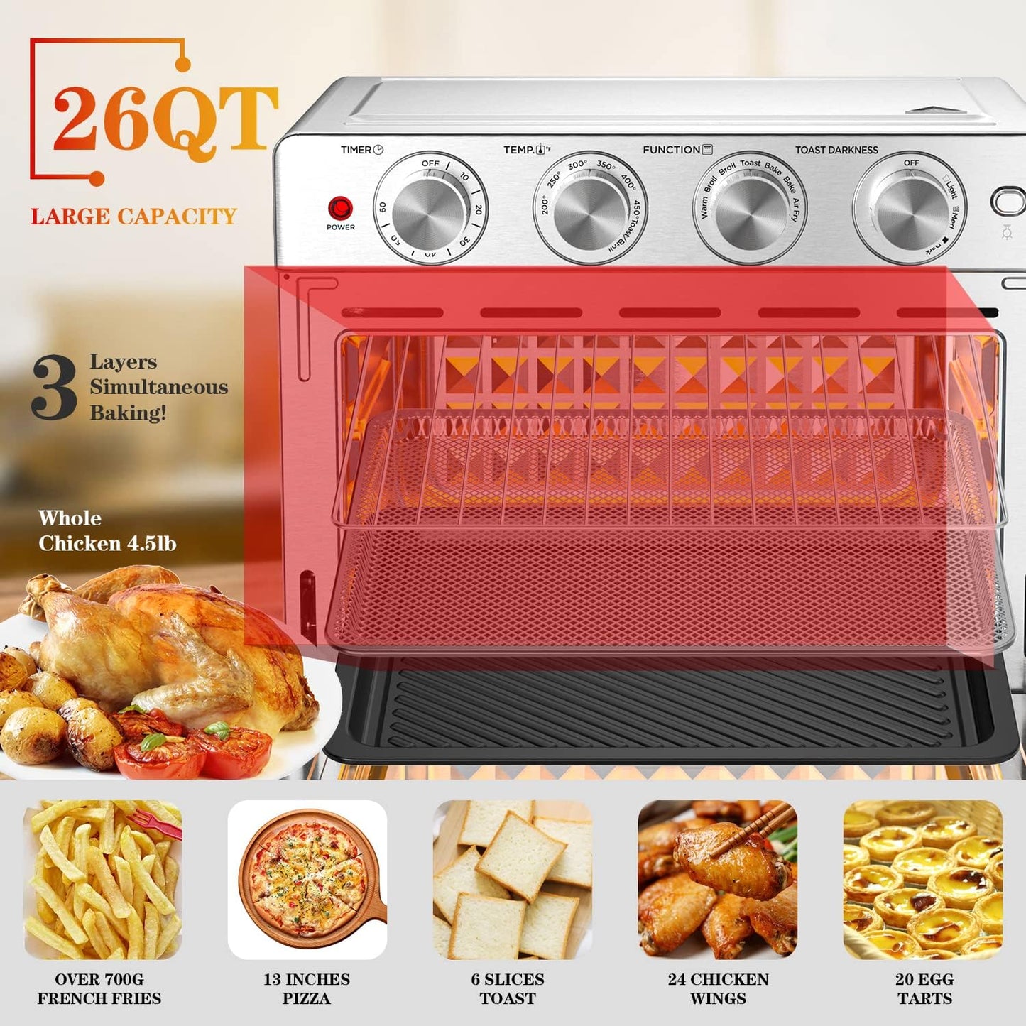 Geek Chef Air Fryer Oven 26 QT, Big Air Fryer, Toast Oven with Bake, Roast, Pizza, Easy to Use & Clean, 6 Slice Toast, Stainless Steel