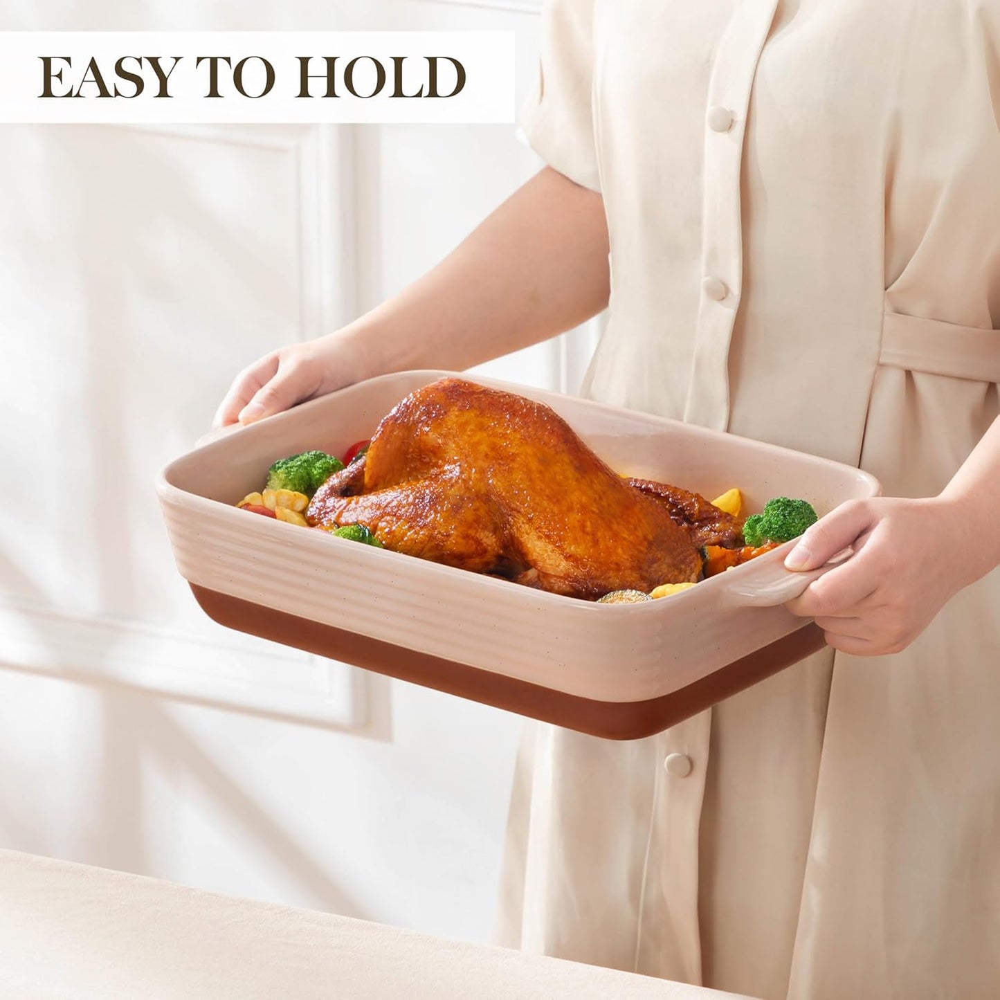 MALACASA 4.8 Qt Ceramic Oven Dish with Handles, 9 x 13 Inch Baking Dish Casserole Dishes, Deep Rectangular Lasagne Dishes Bakeware for Roasting (Khaki & Pink), Series TARA