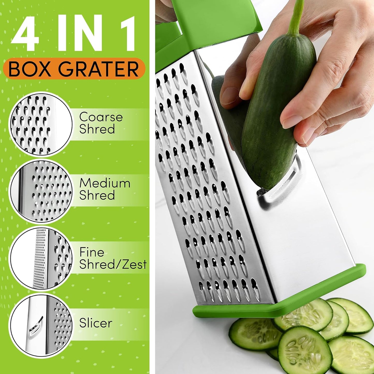 Spring Chef Professional Green 10" Stainless Steel Parmesan Cheese Grater with Handle, 4 Sided Handheld Box Grater, Kitchen Carrot Shredder for Potato, Cheese, Ginger, Vegetables