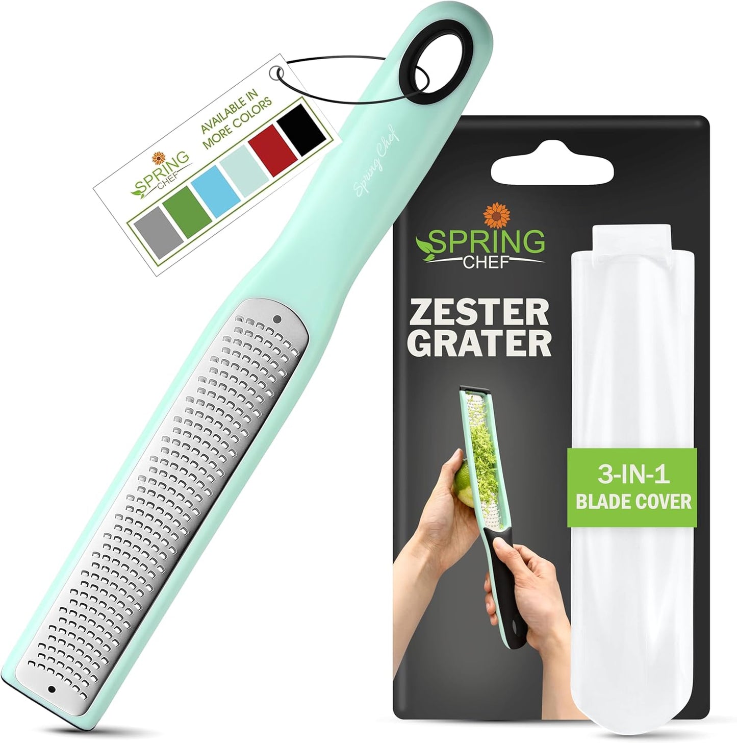 Spring Chef Premium Lemon Zester Grater with Handle - Fruit, Garlic, Lime, Orange, Nutmeg, Garlic Grater - Heavy Duty Kitchen Tool - Stainless Steel Citrus Zester with Blade Cover - Fine Shred, Mint