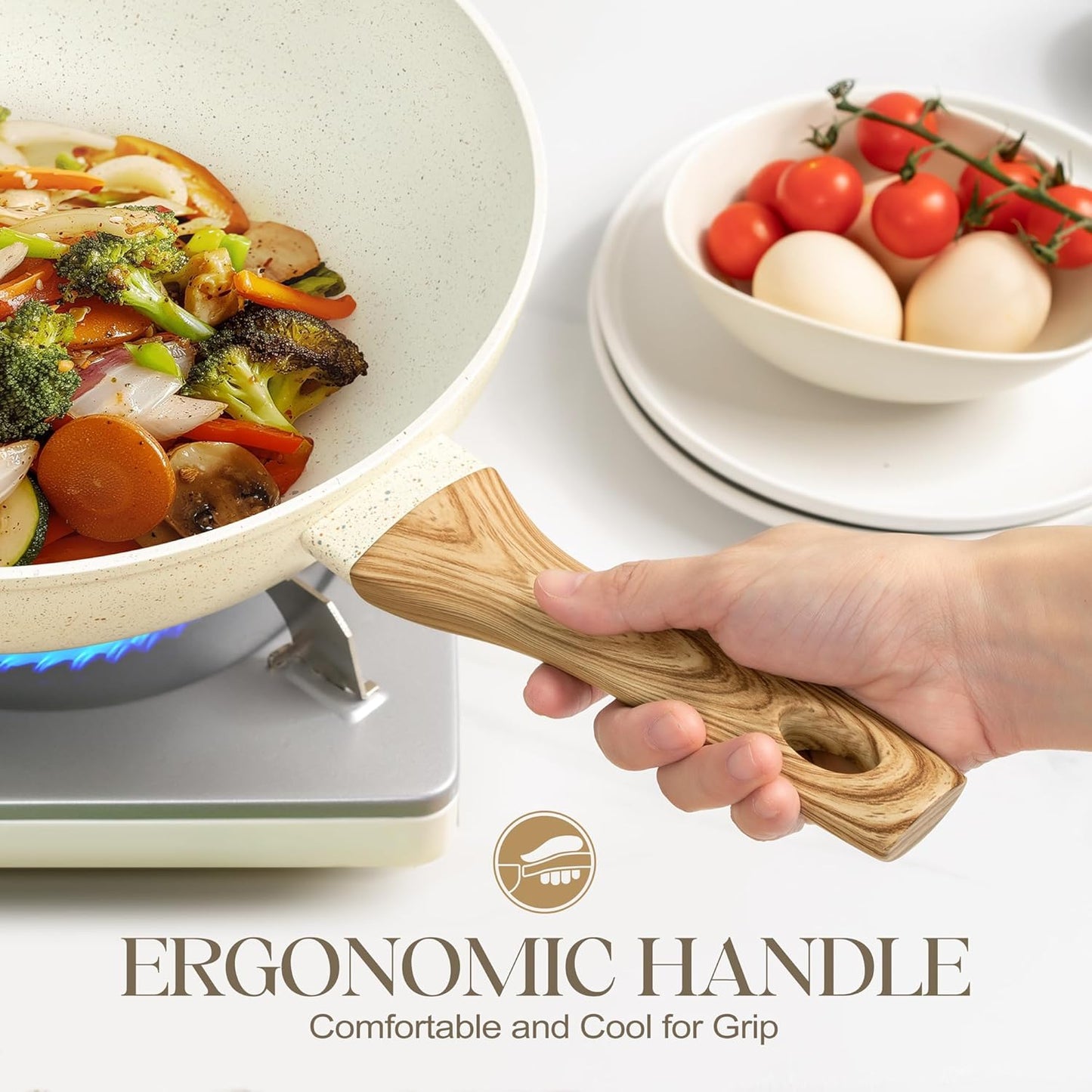 MICHELANGELO 12 Inch Wok Pan with Lid - Woks & Stir-Fry Pans Nonstick Wok with Lid, Stir Fry Pan with Cool-Touch Handle, Induction Wok Set with Stainless Steamer & Fryer Basket