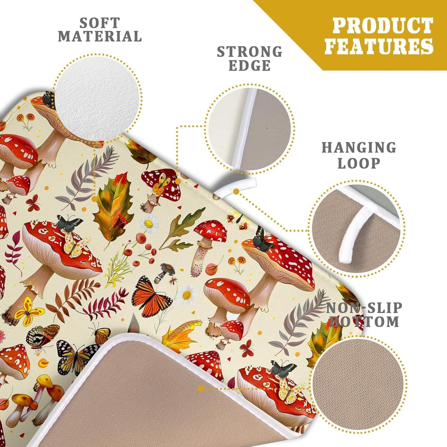 Forest Mushroom Dish Drying Mats Wild Plant Butterfly Kitchen Sink Rack Mats 16 X 18 Inch