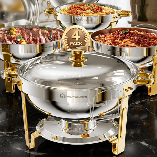 Gold Chafing Dishes for Buffet (5QT, 4 Pack), Round Chafers and Buffet Warmers Sets, Food Grade Stainless Steel Chafing Dish Set, Rolled Edge Design, for Catering Events, Parties, Weddings