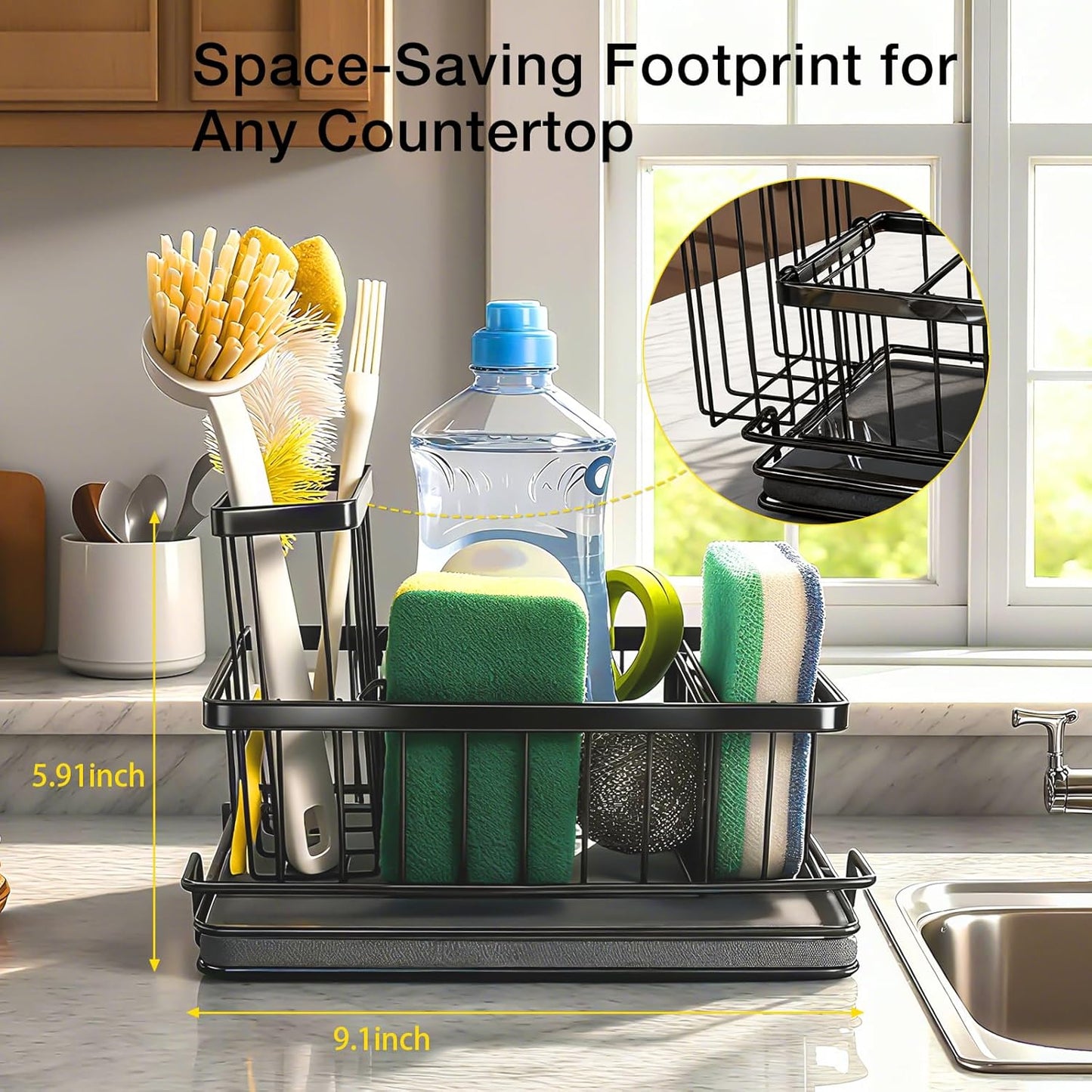 Kitchen Sink Caddy, Sink Sponge Holder with Instant Dry Stone Tray, Stainless Steel Holder for Sponges, Scrubbers & Soap - 9.1" X 5.91" X 5.1" Home Decor Storage Organizer