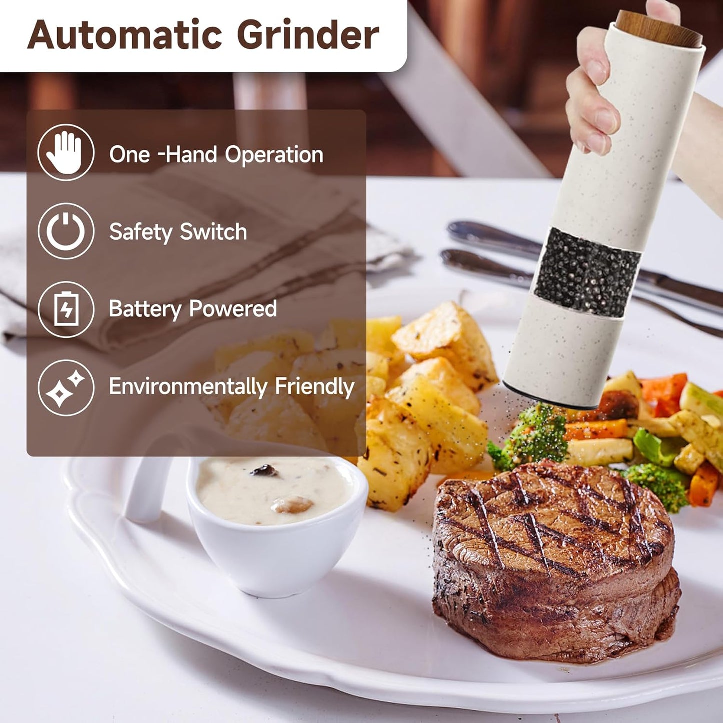 MEHIDFY Electric Salt and Pepper Grinder Set, 2 Pack Salt and Pepper Grinder Battery Operated, One-Handed Automatic Salt and Pepper Mill Grinder with LED Light, Adjustable Coarseness (White)