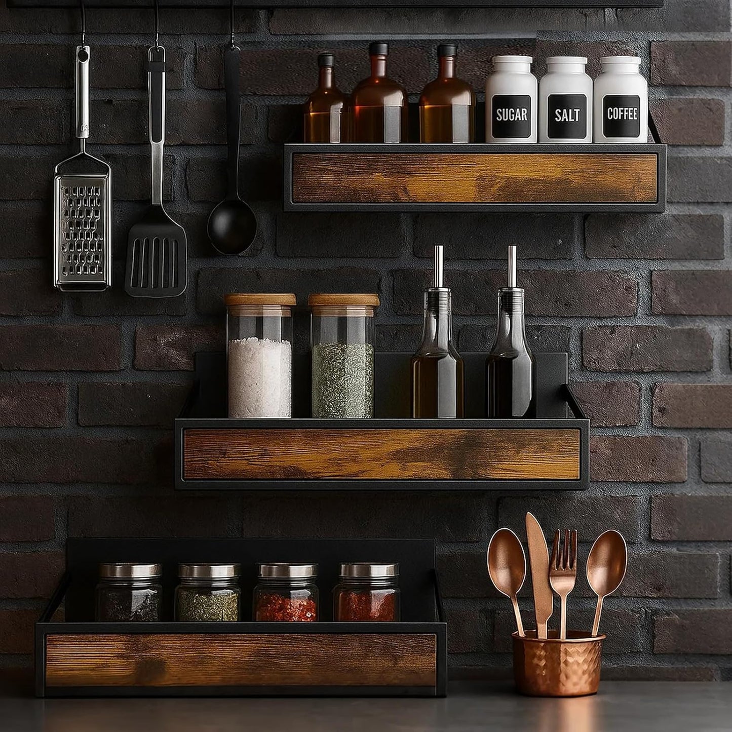 Spice Rack Wall Mount 3 Pack, Space-Saving Seasoning Organizer,Screw or Adhesive Hanging Spice Rack Organizer for Kitchen Cabinet and Wall (Engineered Wooden)