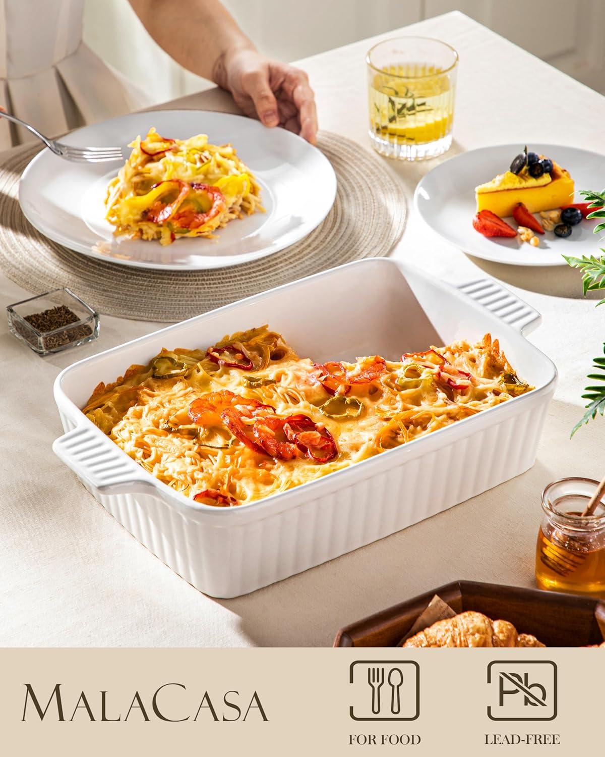 MALACASA 4.4 QT Baking Dish, 9x13 Large Casserole Dish for Oven, Ceramic Baking Pan, Rectangular Lasagna Pan Deep with Handles for Baking, Durable Microwave Oven Safe, Wedding Gift,White, Series BAKE-BAKE
