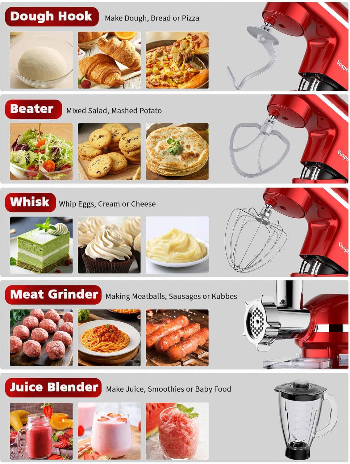 Vospeed 9 IN 1 Stand Mixer, 850W Tilt-Head Multifunctional Electric Mixer with 8 QT Stainless Steel Bowl, 1.5L Glass Jar, Meat Grinder, Hook, Whisk, Beater Dishwasher Safe (Red)
