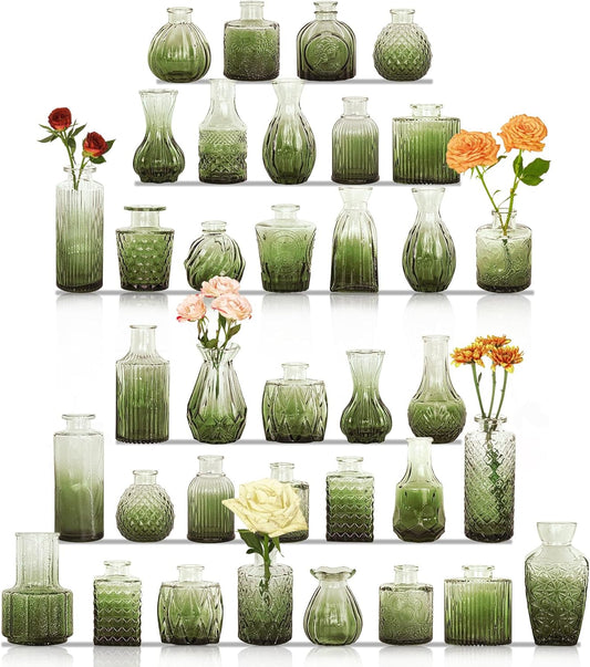 36Pcs Bud Vases Set Small Vintage Glass Bottles Bud Vases in Bulk Multiple Shape Cute Glass Vases for Rustic Wedding Centerpieces Table Decorations and Home Decor(Green)