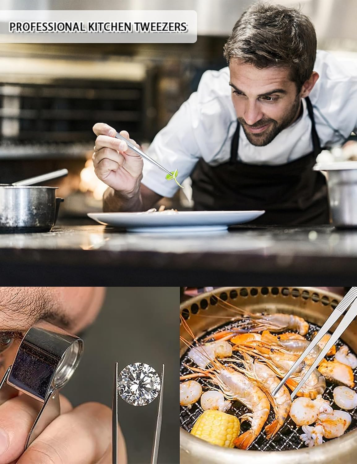 Set of 3 Kitchen Tweezers Fine Tweezer Tongs, MSY BIGSUNNY Stainless Steel Food Tweezers, Precision Serrated Tips Food Tongs (8.5" 10" and 12")