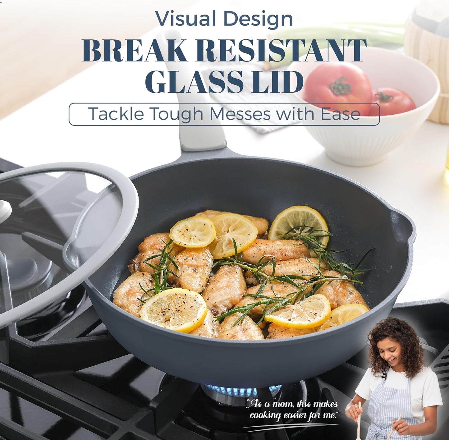 Ceramic Nonstick Deep Saute Pan with Lid, 10/12 Inch Non Toxic Pans with Double Pour Spout, Helper Handle and Lid, Metal Utennsil Safe, Dishwasher Safe, (10 Inch, Gray)