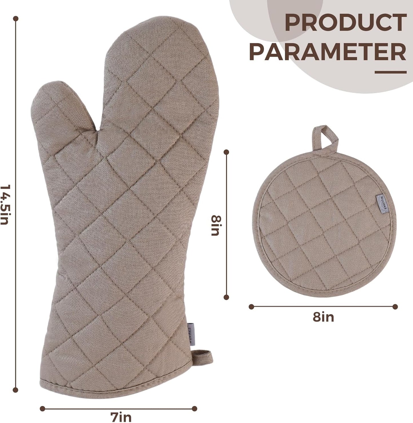 Set of 4 Oven Mitts and Pot Holder Heavy and Tall Kitchen Cotton Gloves Lined Towelcloth, Gloves Length 40cm, Pot Holder Width 20cm Diameter Round… (Light Brown)