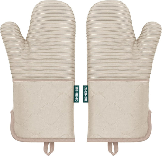 Beneno Kitchen Oven Mitts 2-Pack Heat Resistant to 500°F with Non-Slip Silicone Grip, Extra Long 14.3" Forearm Protection, Soft Quilted Cotton Terry Lining, Ideal for Cooking, Baking, Grilling, Beige
