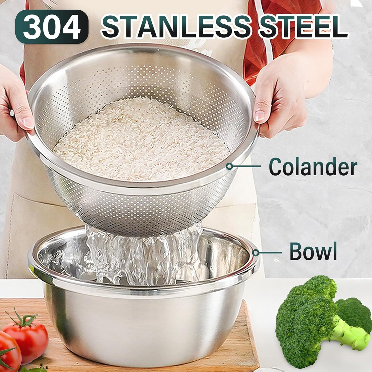 304 Stainless Steel Colander 2QT Microporous Colander & Mixing Bowl for Kitchen Cooking,Rice Strainer with Washing Bowl for Pasta Straining,Fruit Washing,Vegetable Draining(2PCs)