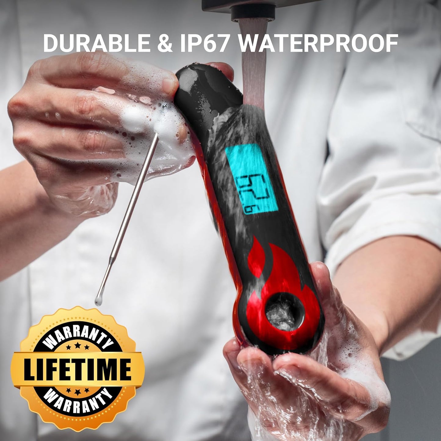 Professional Meat Thermometer, Instant Read in 0.5 Sec, NIST Certified Accuracy ±0.5°F, IP67 Waterproof, Ambidextrous Backlight & Auto-Rotating Display, for BBQ/Grill/Cooking, Black&Red