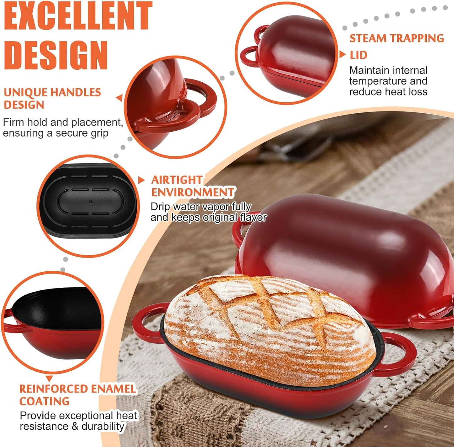 Enameled Cast Iron Bread Oven, 5QT Loaf Cast Iron Bread Pan with Lid, Oval Dutch Oven for Homemade Bread Baking (Gradient Red)
