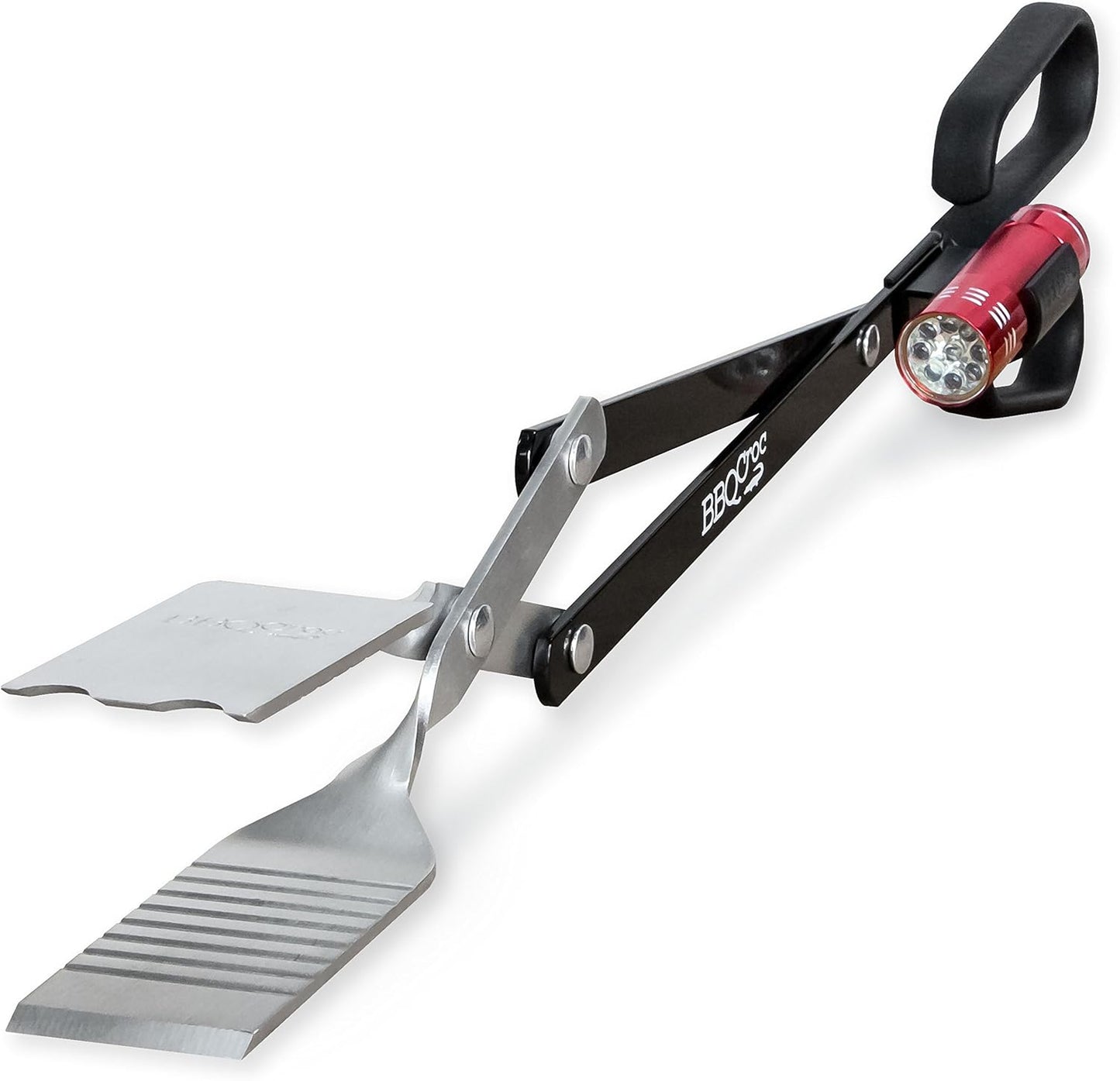 BBQCroc 3-in-1 Barbecue Tool 21-inch - Extra Light and Long Tongs, Spatula and Grill Scraper (Black) (21 inch with Flashlight)