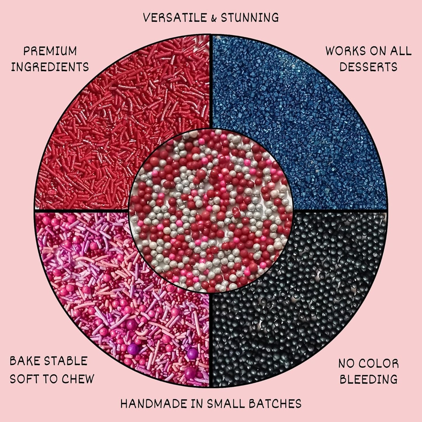 Confect Edible Sprinkles for Cake Decorating - Red Jimmies, Blush Pink Red Gun Metal Silver Pearl Mix with Navy Sparkling Sugar | Vegan, Gluten-Free, Dessert Topping - 5 Oz