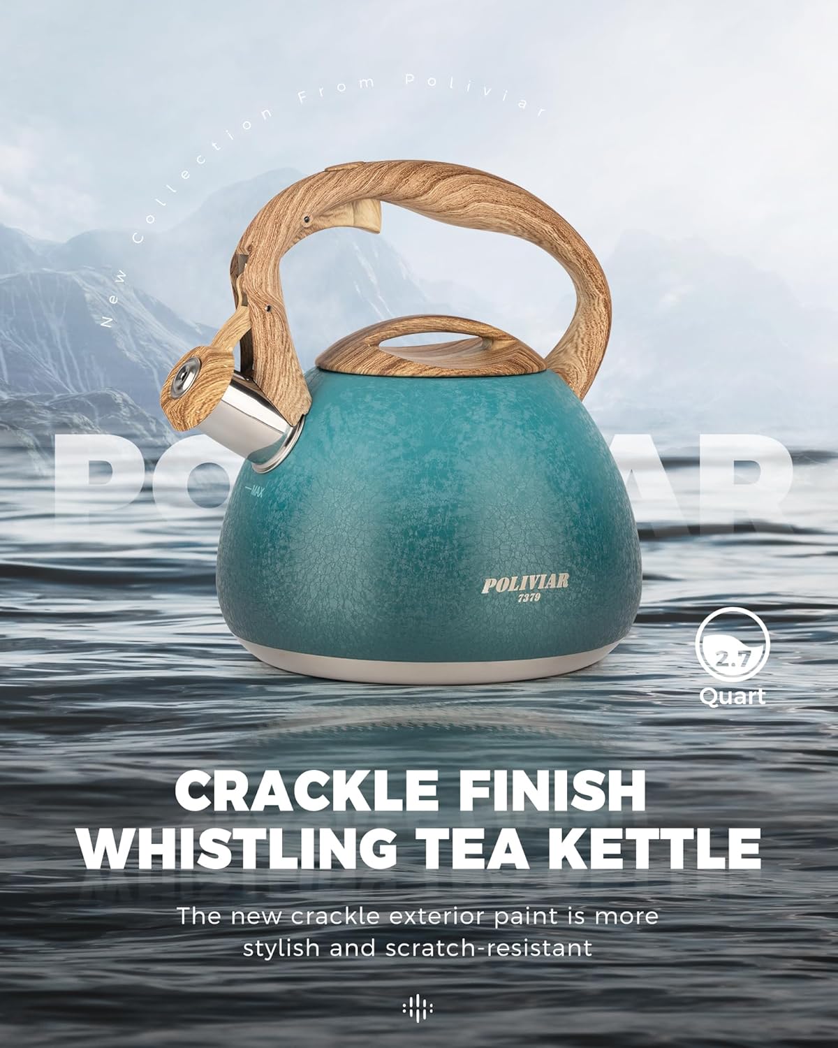 POLIVIAR Tea Kettle, 2.7 Quart Stovetop Tea Kettle, Audible Whistling Teapot with Crackle Finish, Food Grade Stainless Steel for Anti-Rust, Anti Hot Handle, Suitable for All Heat Sources (JX2023-LYD)