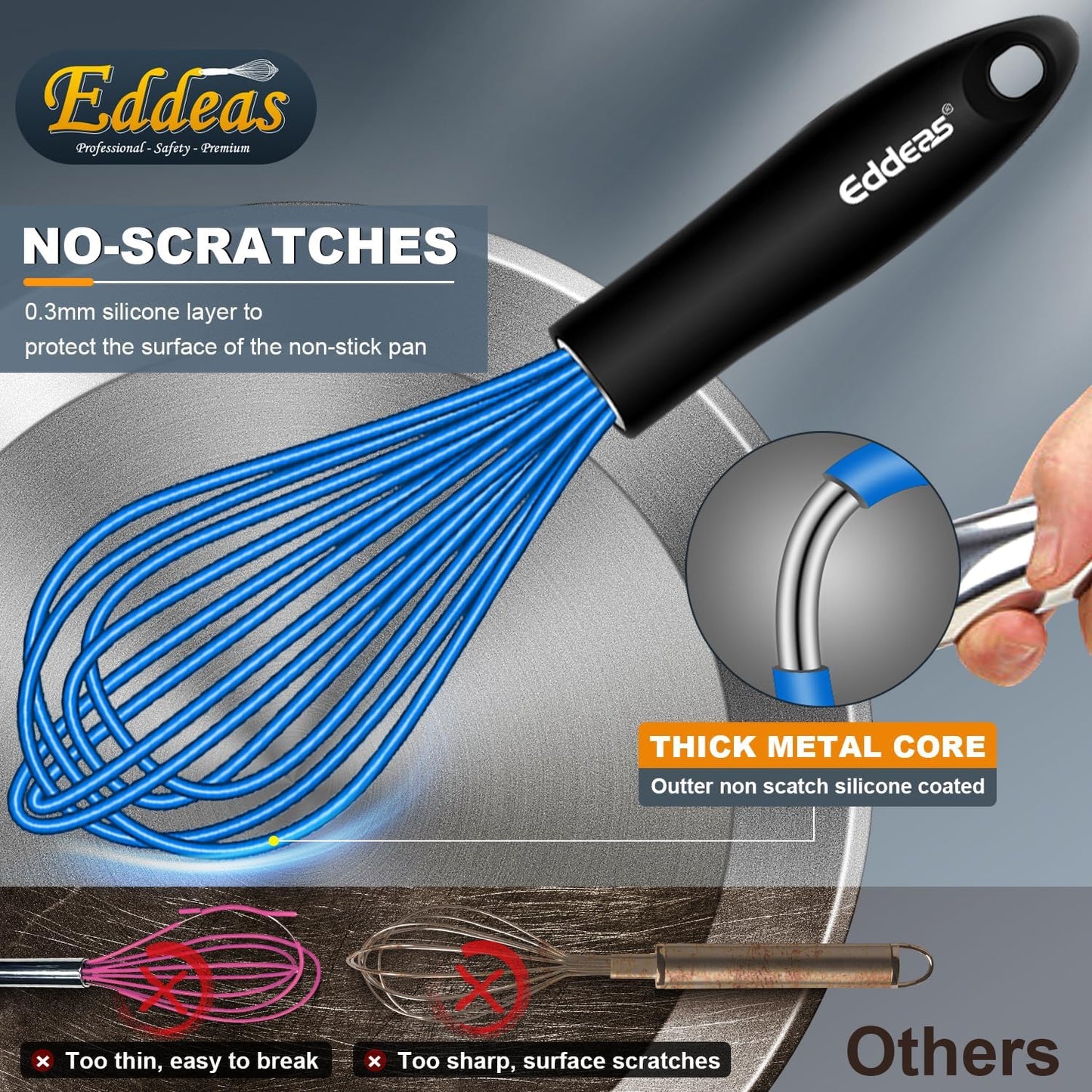 Silicone Whisk, Whisk Non Scratch Whisk for Cooking, 5+7+9+11in Balloon Whisk, Suitable for Mixing, Blending. 11in Flat Whisk great for Ceramic Coated pans and Wider shallower pots. (Blue)