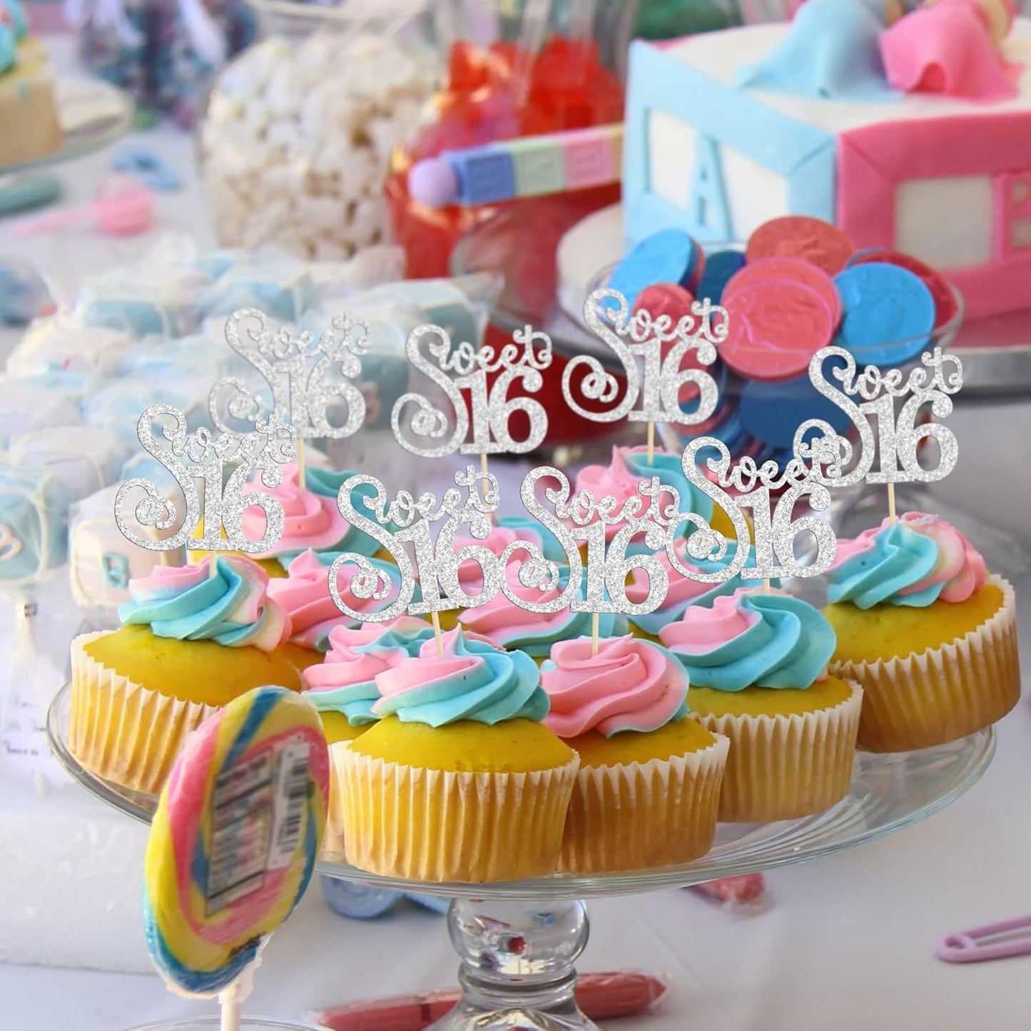 Gyufise 24 Pack Happy Sweet 16 Cupcake Toppers Glitter Sixteen 16th Birthday Cupcake Picks Cheers to 16 Years Old Cupcake Decorations for 16th Birthday Anniversary Party Cake Supplies Silver