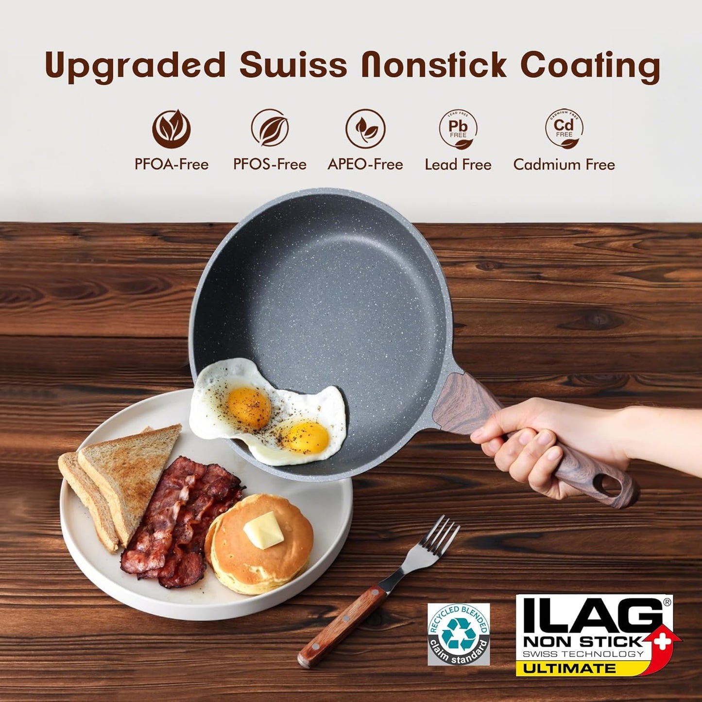 SENSARTE Nonstick Frying Pan Skillets, Swiss Granite Coating Omelette Pans, Healthy Cookware Chef's Pan, Free of Intentionally Added PFOA (8+12.5 Inch)