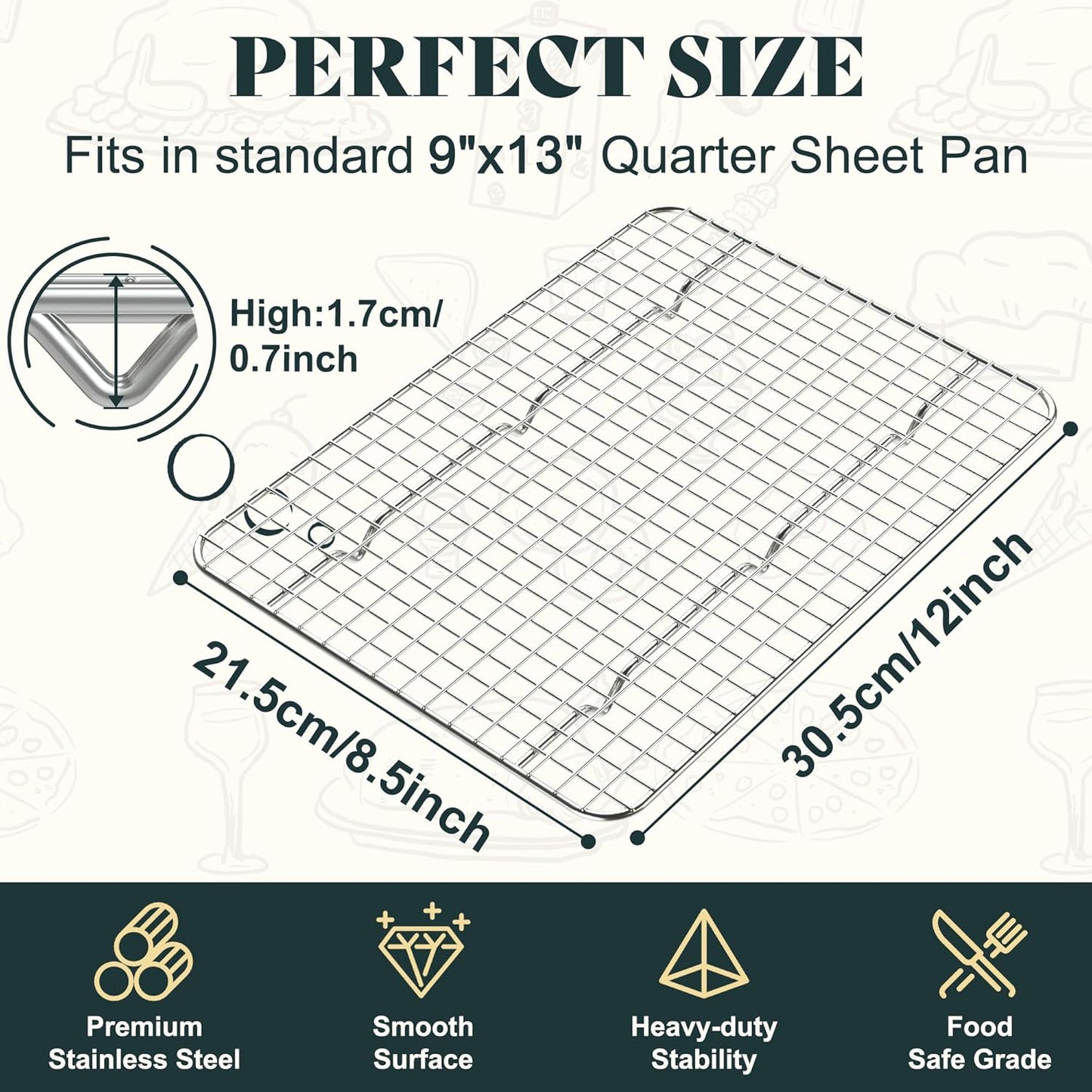 Cooling Racks for Cooking and Baking-8.5"x12" Oven Safe Premium Stainless Steel Heavy Duty Baking Rack Tight-Wire, Fits Quarter Sheet Pan for Roasting & Grilling & Cooking-Set of 2