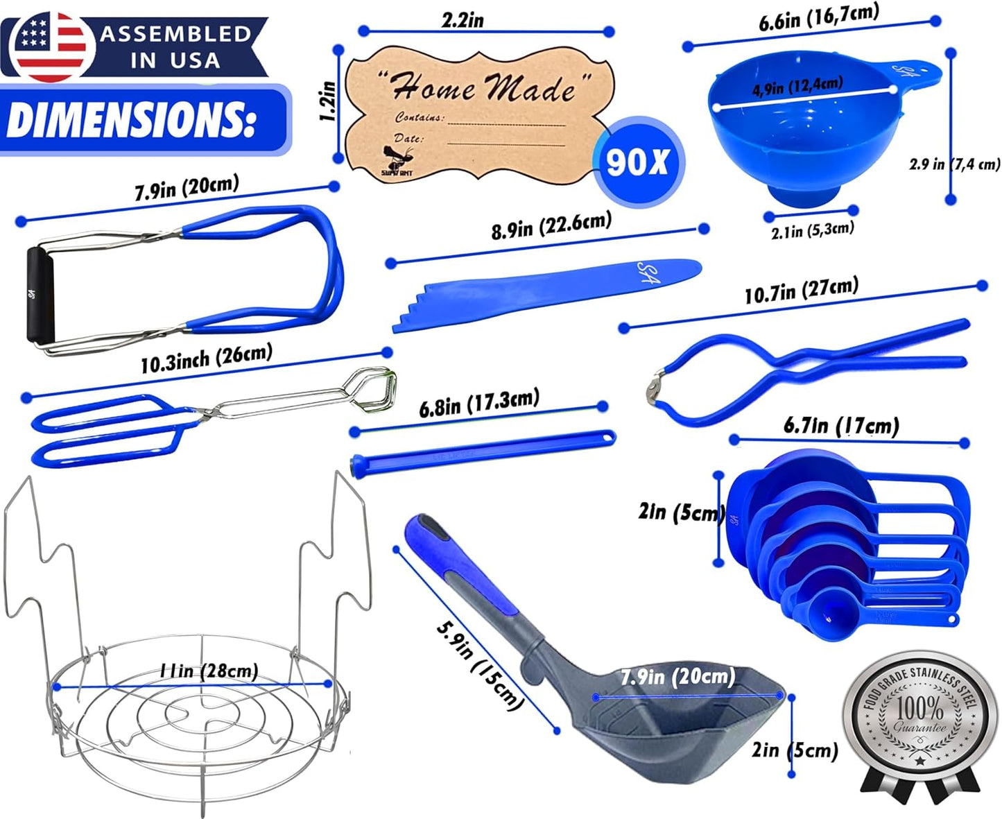 Supa Ant Blue Canning Supplies Starter Kit-10 pc Canner Accessories with Canning Rack for Jars, XL Ladle, Wide Mouth Jar Funnel, Jar Lifter & Wrench, Bubble Popper/Measurer, Lid Lifter, Kitchen Tongs