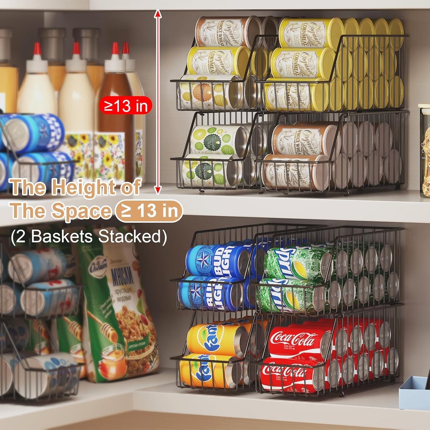 4-Tier Stackable Can Rack Organizer for Kitchen Pantry,Max Can Storage Holder,Durable Can Dispenser & Canned Goods Organizer for Fridge,Hold More 44 Cans, for Various Ounces of Canned Food Soda Drinks