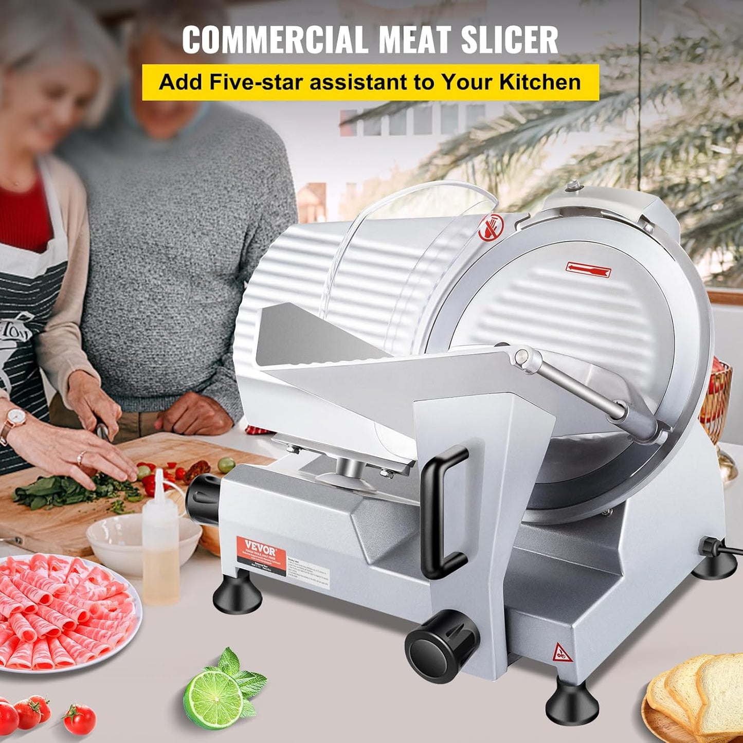VEVOR Commercial Meat Slicer, 10 inch Electric Food Slicer, 240W Frozen Meat Deli Slicer, Premium Chromium-plated Steel Blade Semi-Auto Meat Slicer For Commercial and Home use